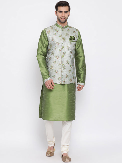Vastramay Men's Green Floral Jacquard Jacket With Silk Kurta and Pyjama Set